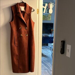 Anthropologie Rust Suede-Look Double-Breasted Long Vest Size L